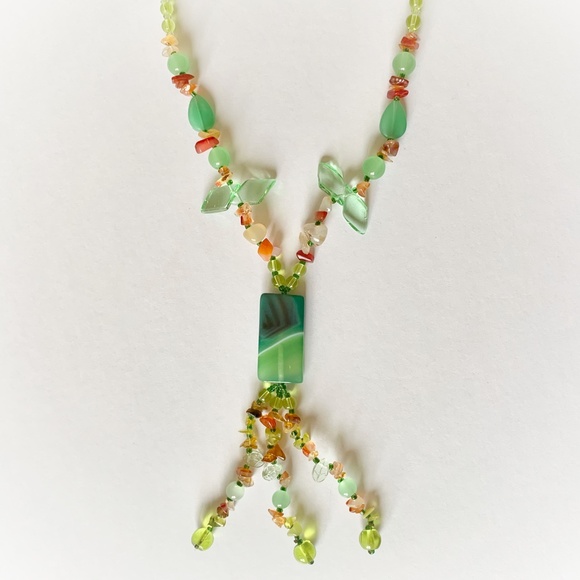 ✨FINAL PRICE✨VTG Green Agate Yellow Red Orange Quartz Glass Bead Tassel Necklace - Picture 3 of 7
